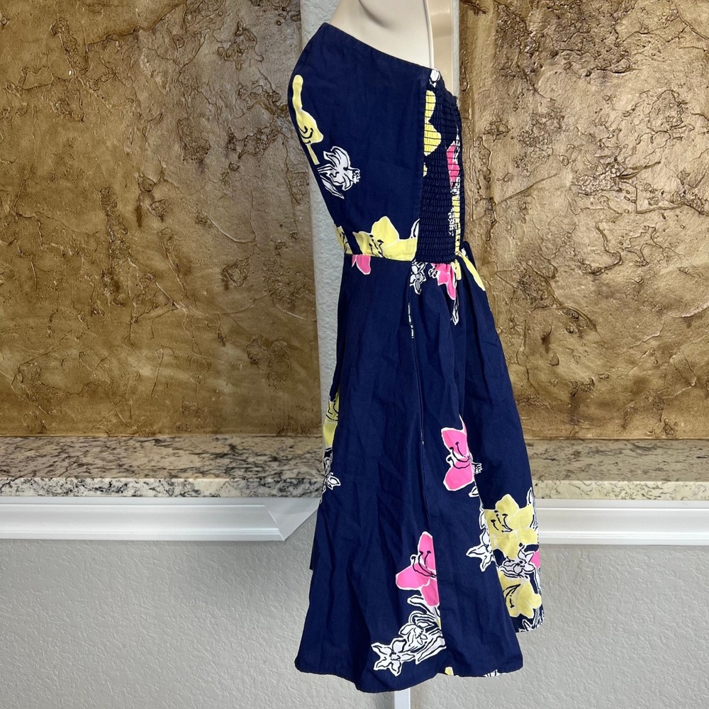 Lilly Pulitzer Strapless Dress 2 Navy Blue Floral Fit Flare Cotton Cruise Beach - Picture 5 of 13